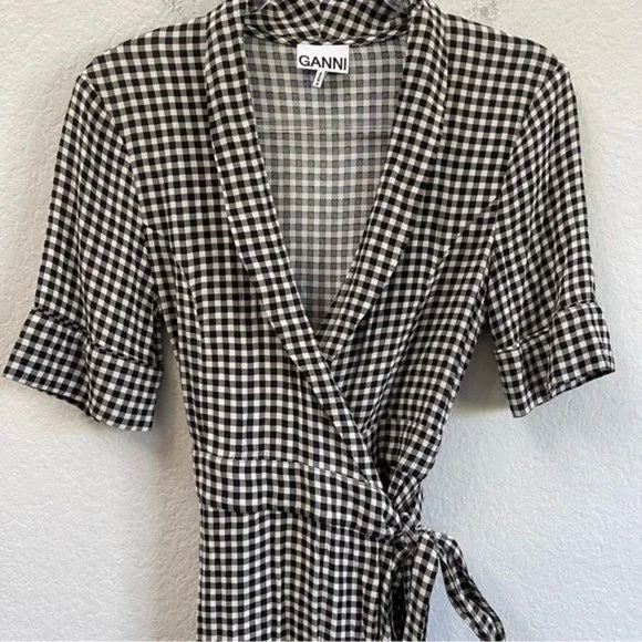 GANNI Black Check Gingham Print Wrap Dress Size 38/ 6